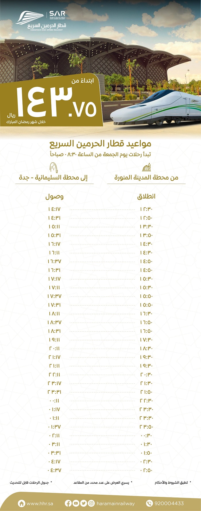 مواعيد رحلات قطار الحرمين رمضان 1444