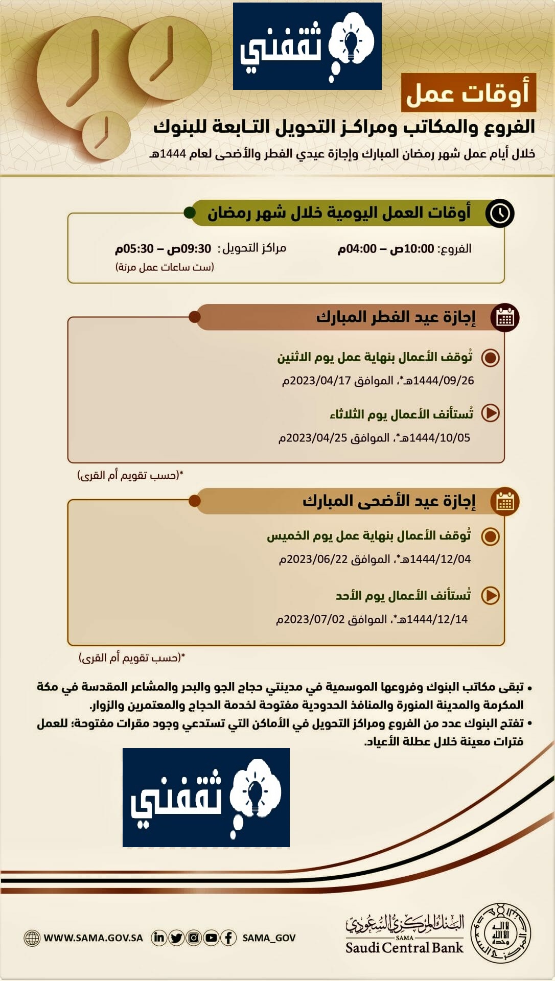 نهاية دوام البنوك في رمضان 1444