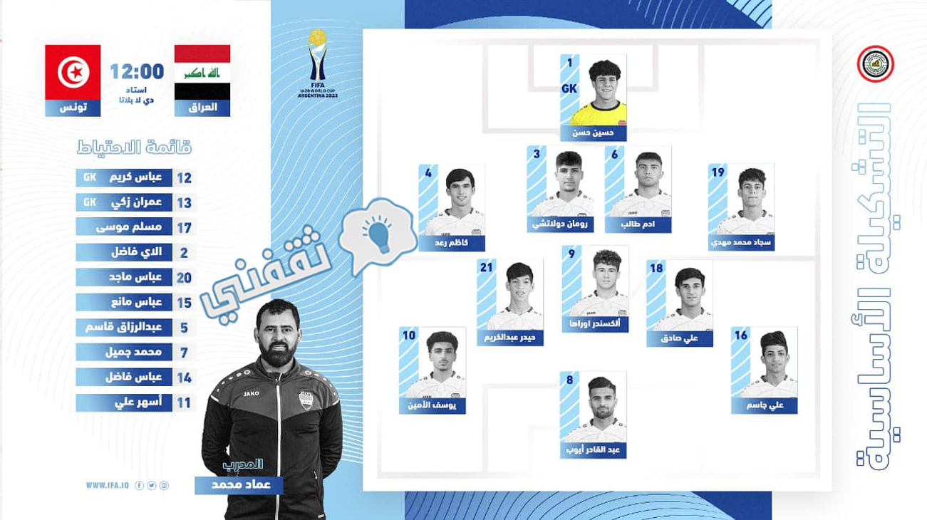 تشكيل المنتخب العراقي في مواجهة تونس في كأس العالم تحت 20 سنة