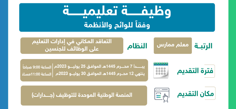 موعد ومكان التقديم على وظائف التعليم