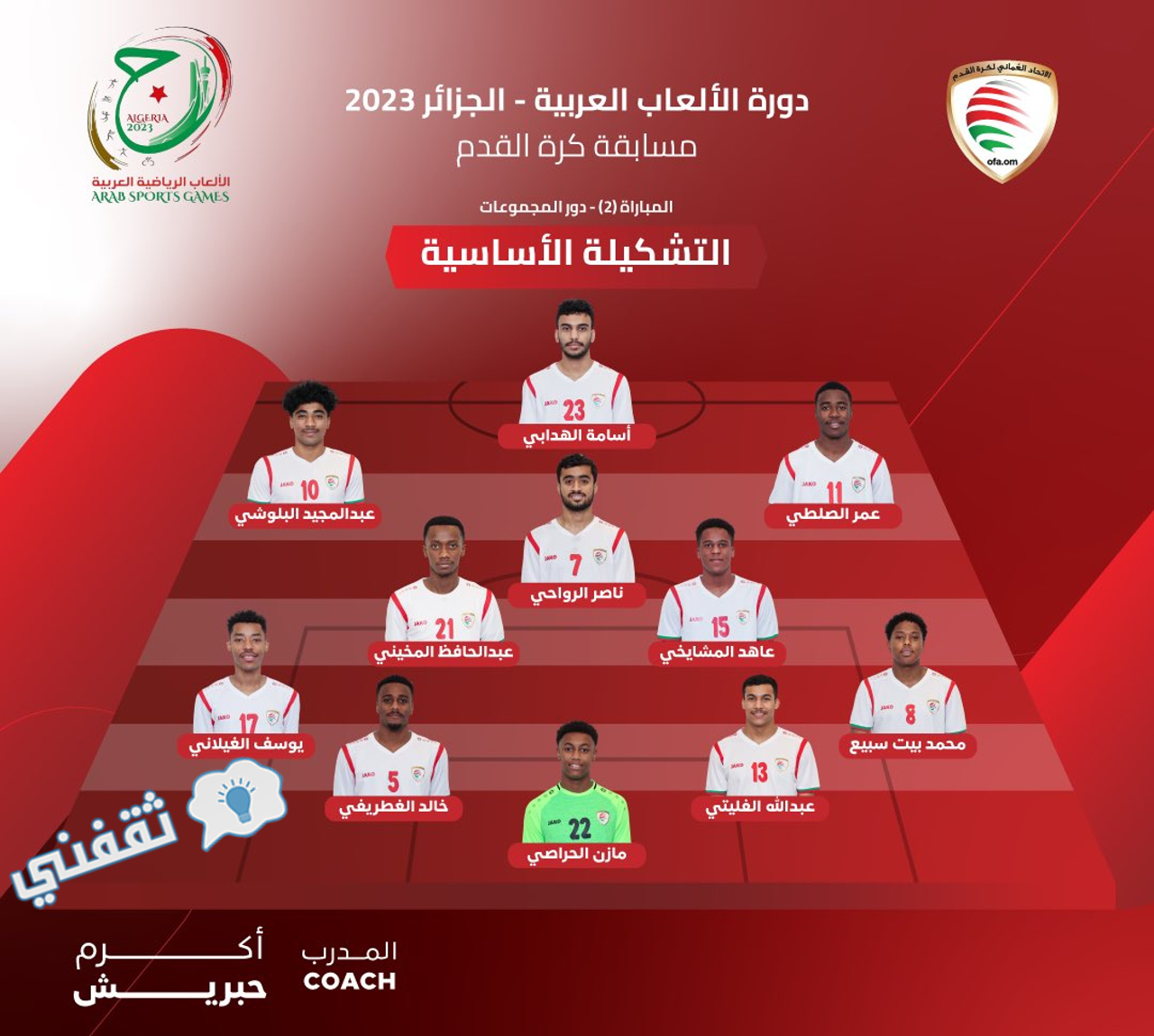 تشكيل المنتخب العماني في مواجهة لبنان في دورة الألعاب العربية