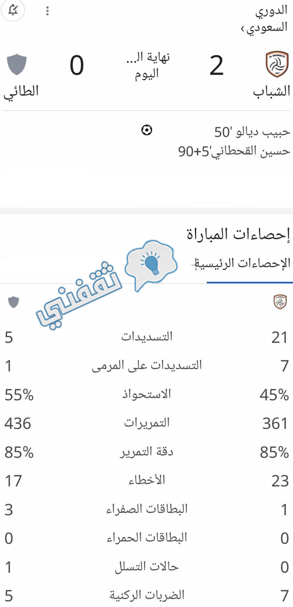 إحصائيات مباراة الشباب ضد الطائي في دوري روشن السعودي