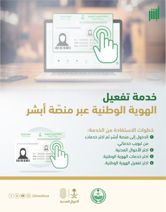 خطوات تفعيل الهوية الوطنية عبر أبشر